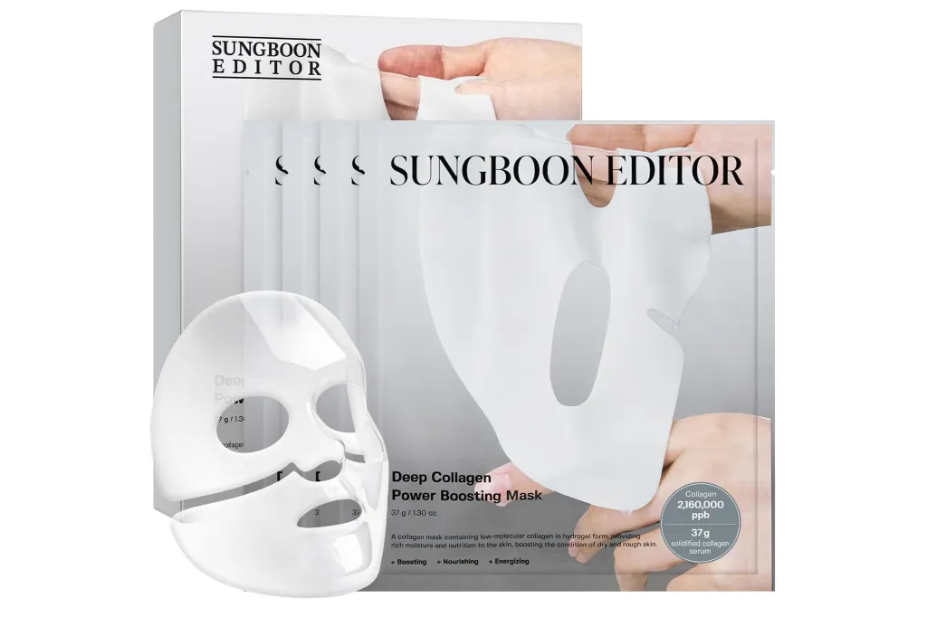 Madison LeCroy and Kris Jenner cannot get sufficient of those masks Sungboon Editor 2 Collage of Sungboon Editor Deep Collagen Power Boosting Mask packaging, individual mask sachets and a transparent mask showing the shape.