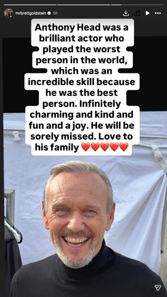Instagram post featuring Anthony Head smiling with text mourning his death and praising him as a brilliant actor.