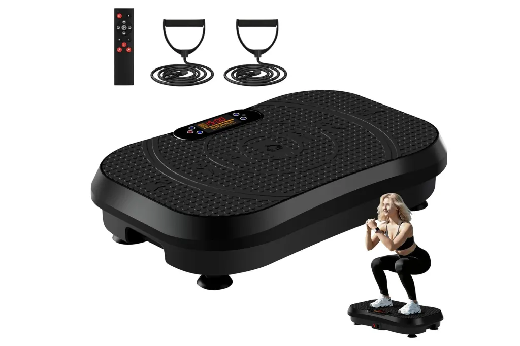 What to Purchase and Keep away from Procuring on Prime Day, In response to Skilled Customers 10 Black vibration plate machine with resistance bands, remote control and woman squatting on the plate.