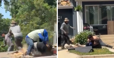 Roofers fight and throw each other from roof in wild brawl on video