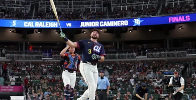 Cal Raleigh #29 of the Seattle Mariners competes in the final round of the Home Run Derby at Truist Park on July 14, 2025 in Atlanta, Georgia.
