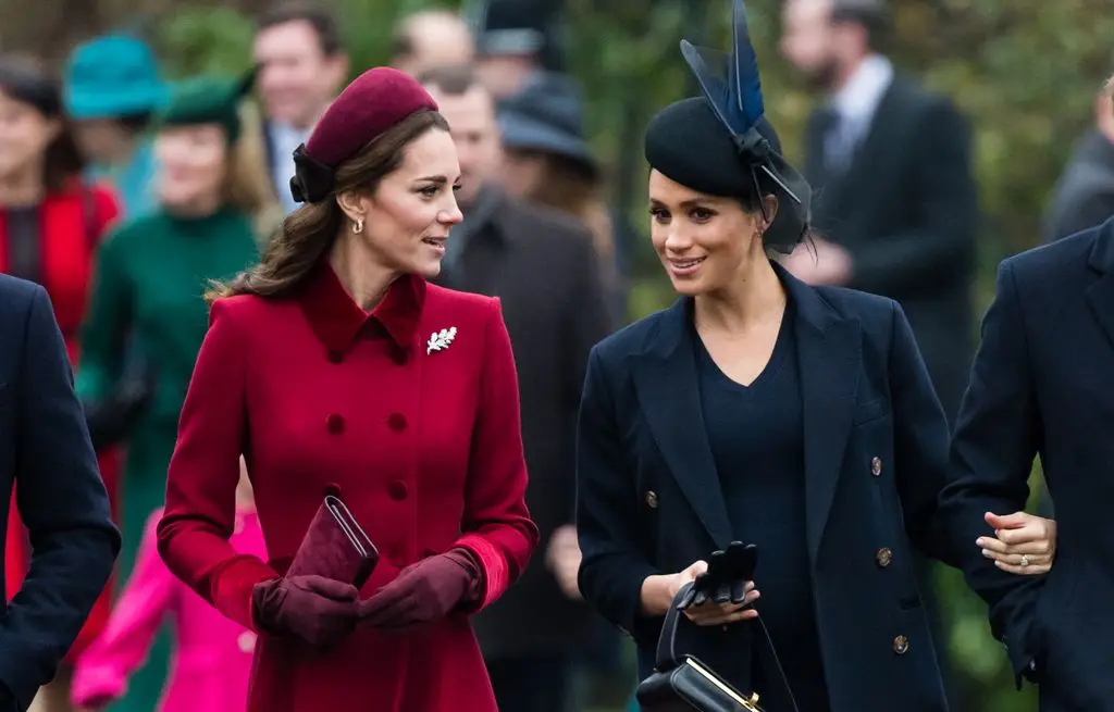 Kate Middleton and Meghan Markle, Duchess of Sussex, attend the Christmas Day church service at St Mary Magdalene Church on the Sandringham Estate on December 25, 2018.