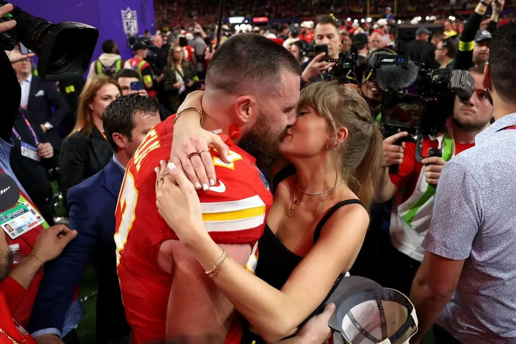 Taylor Swift's 'ironclad' prenup might embody a shocking clause 4 LAS VEGAS, NEVADA - FEBRUARY 11: Travis Kelce #87 of the Kansas City Chiefs and Taylor Swift kiss after defeating the San Francisco 49ers in overtime in Super Bowl LVIII at Allegiant Stadium on February 11, 2024 in Las Vegas, Nevada. (Photo by Ezra Shaw/Getty Images)