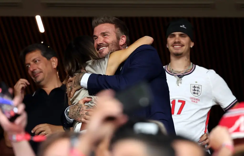 Victoria and David celebrate after the 2-1 victory 