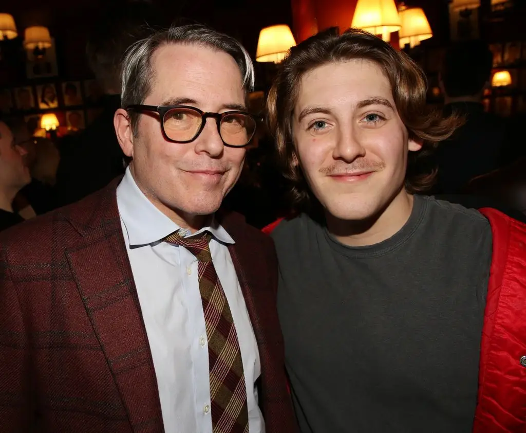Matthew Broderick and James Wilkie Broderick pose at a release party for Marc Shaiman's new book "No matter how happy" at Sardi’s on January 26, 2026.