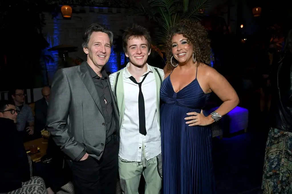 Andrew McCarthy, Sam McCarthy and Diana Maria Riva attend the premiere of Dead To Me S3 at TUDUM Theater on November 15, 2022.
