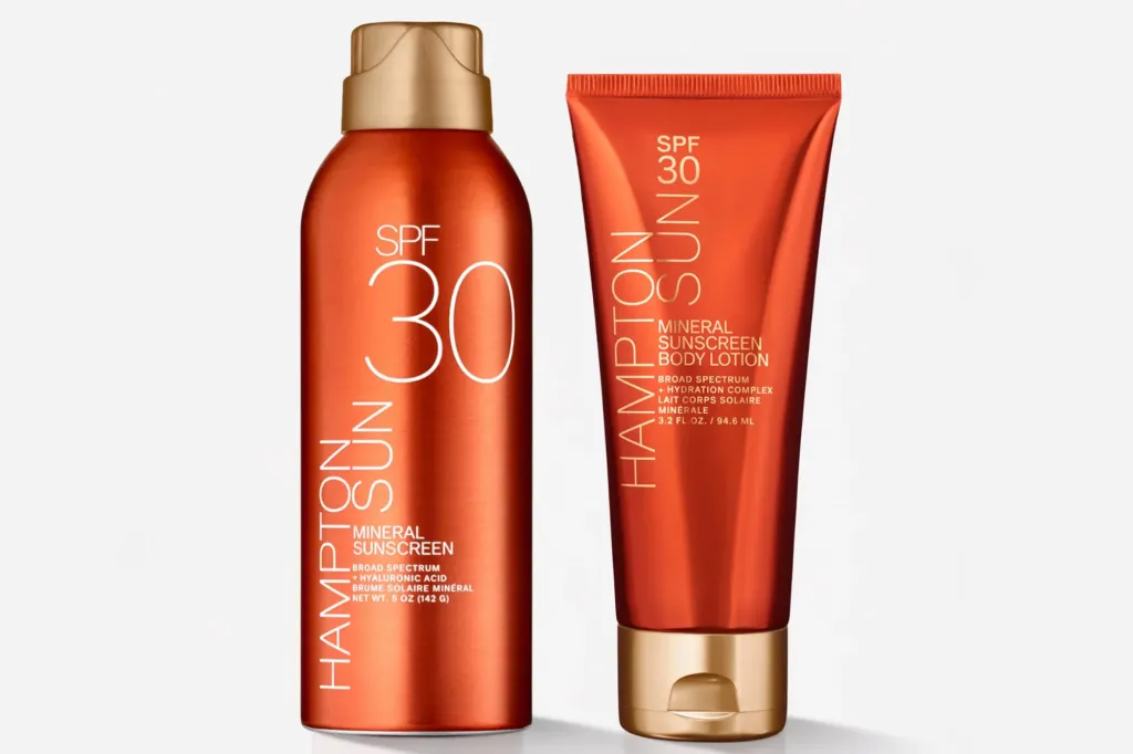 Cindy Crawford and Kaia Gerber each use Hampton Solar luxurious sunscreen 5 Hampton Sun SPF 30 Mineral Sunscreen and Body Lotion in orange packaging.