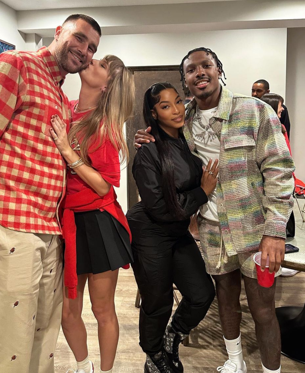 Taylor Swift's 'ironclad' prenup might embody a shocking clause 3 Photo shared by Chariah Gordon, Kansas City Chiefs player Mecole Hardman Jr, on Instagram on October 23, 2023, where the couple poses next to Taylor Swift and Travis Kelce.