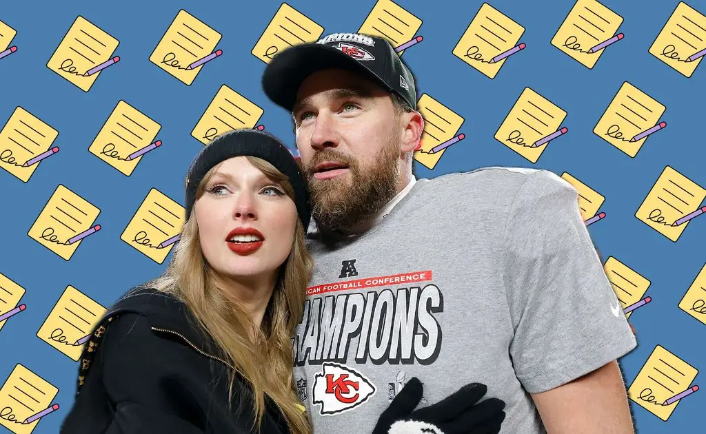 The Touching Purpose Taylor Swift and Travis Kelce Requested Adam Sandler to Marry Them 1 Taylor Swift and Travis Kelce with contracts behind