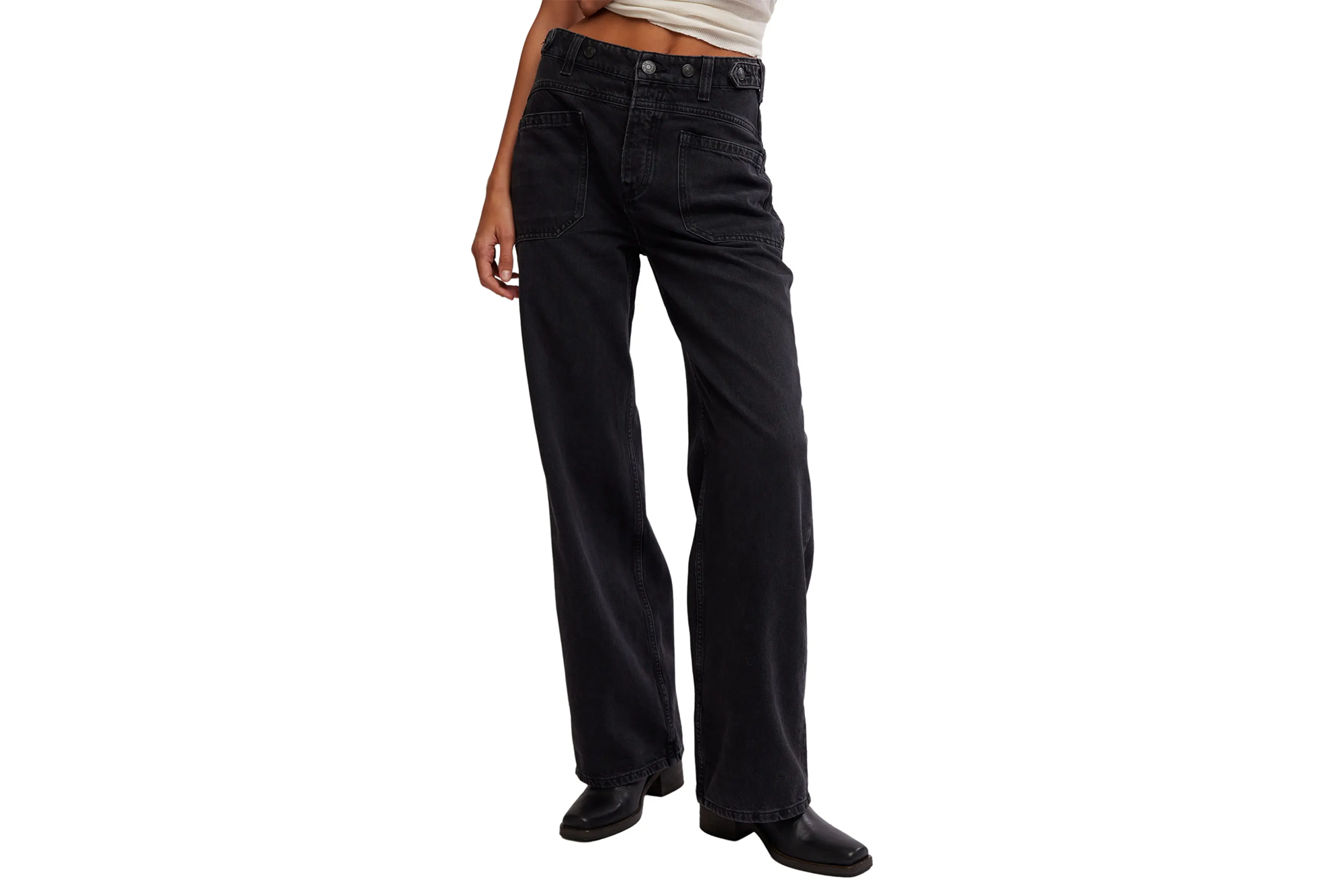 Nordstrom Anniversary Sale Has Nice Free Folks Offers 9 Person wearing black wide leg jeans and black boots.