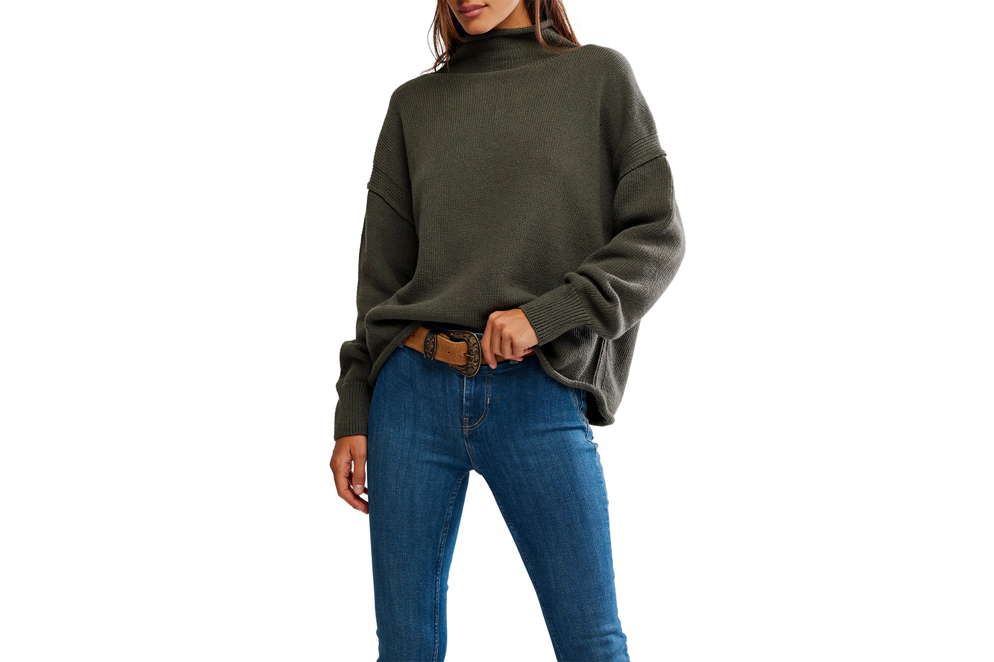 Nordstrom Anniversary Sale Has Nice Free Folks Offers 3 A model wears a gray oversized turtleneck sweater, blue jeans, and a brown belt with an ornate silver buckle.