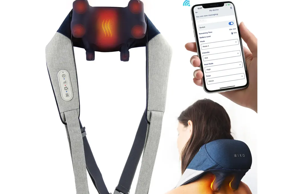 What Web page Six Editors Are Actually Shopping for at Nordstrom's Anniversary Sale 17 A shoulder and neck massager with a control panel and a smartphone displaying its control app, carried by a woman with heated nodes on her shoulders.