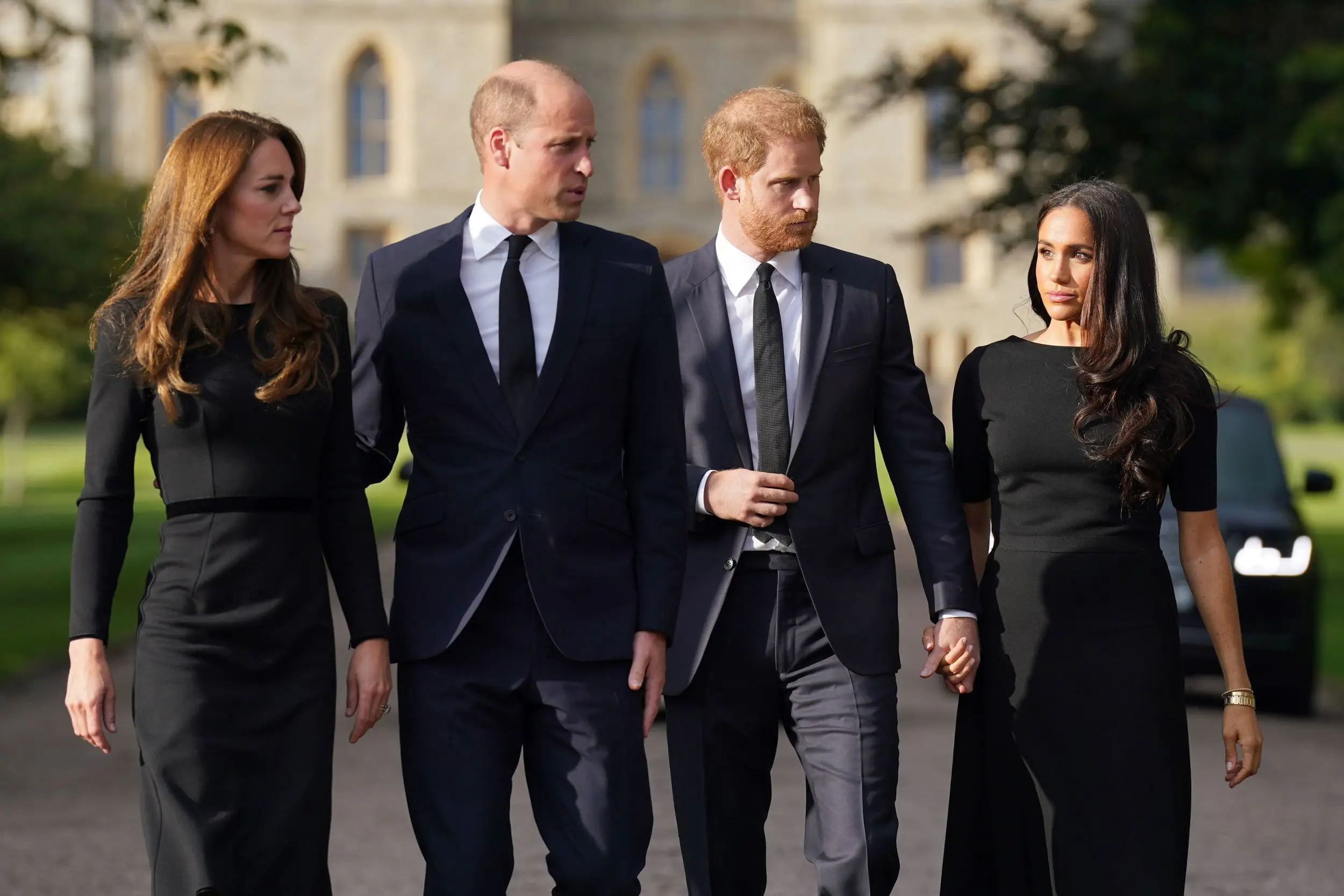 How Prince William and Prince Harry are navigating new household turmoil 7 Catherine, Princess of Wales, Prince William, Prince of Wales, Prince Harry, Duke of Sussex and Meghan, Duchess of Sussex during the Long Walk at Windsor Castle on September 10, 2022 in Windsor, England.