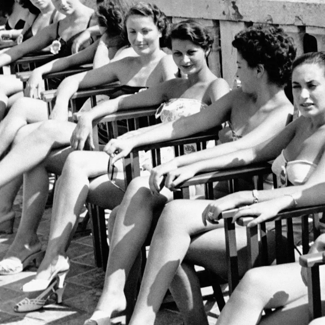 The young Sophia Loren, who is still called Sofia Scicolone, poses with the other candidates for the election of 'Miss Italy', in Cervia, Italy, on August 22, 1950.