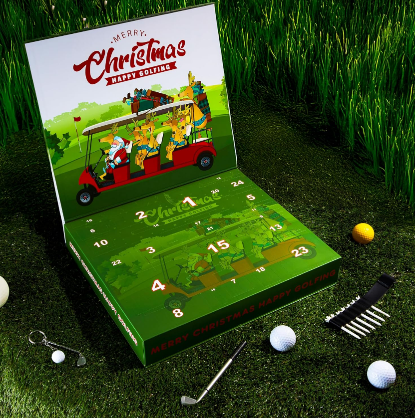 Golf themed Christmas Advent Calendar with Santa in a golf cart, golf balls and clubs around.