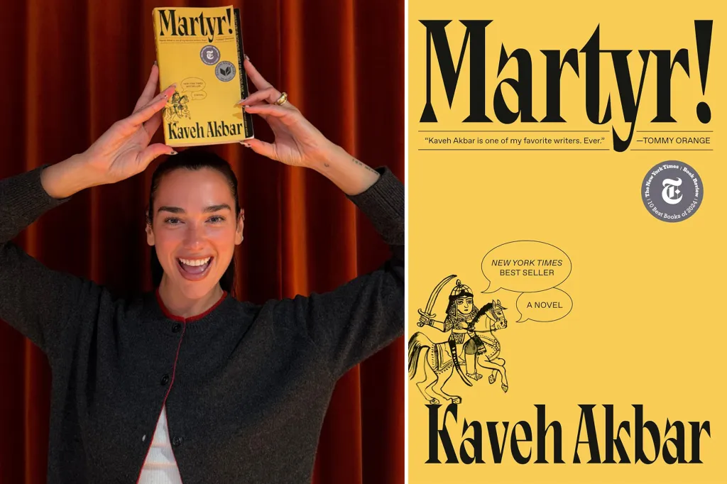 7 Celeb E-book Membership Picks to Learn in September 2026 1 Dua Lipa poses with "Martyr!" by Kaveh Akbar, her cover visible next to her.