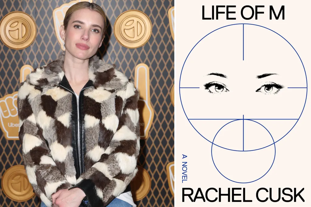 7 Celeb E-book Membership Picks to Learn in September 2026 3 Collage of Emma Roberts in a fur coat and the cover of Rachel Cusk "The life of M" novel.