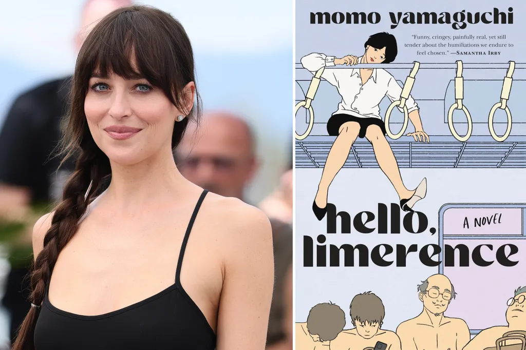 7 Celeb E-book Membership Picks to Learn in September 2026 4 Collage of Dakota Johnson and book cover "Hello Limérence" by Momo Yamaguchi.
