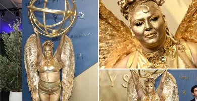 Meg Stalter paints herself gold and dresses like a trophy for the 2026 Emmys