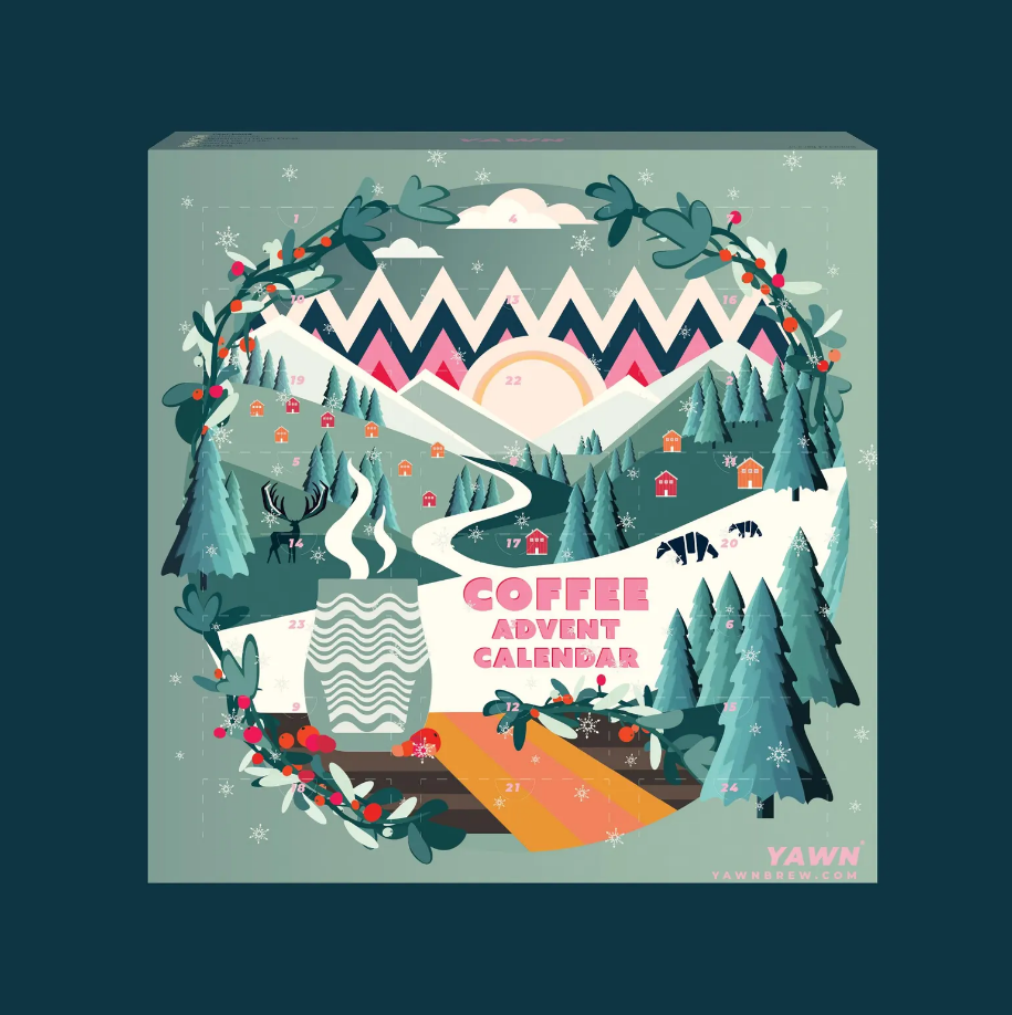 Coffee Advent calendar illustrated by Yawn, featuring a winter scene with a steaming cup.