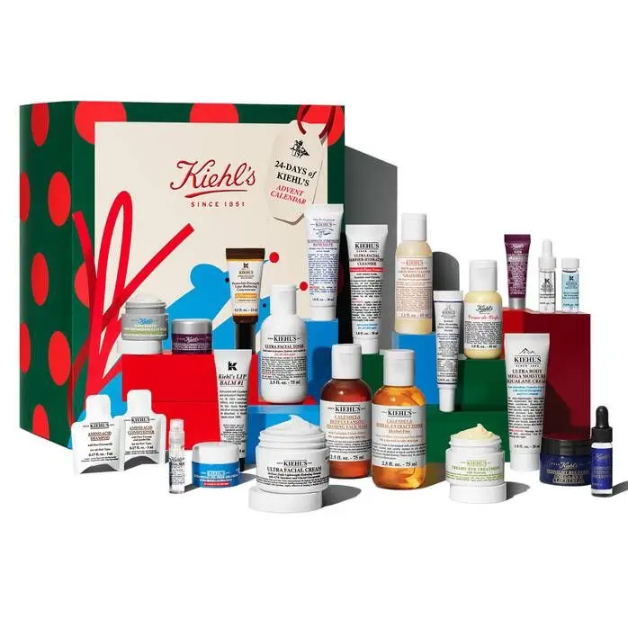 Kiehl's 24-day Advent calendar with an assortment of skin care products.