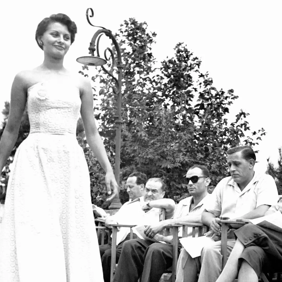The young Sophia Loren, who was then called Sofia Scicolone, paraded to be admitted to the final of 'Miss Italy', in Cervia, Italy, in August 1950.