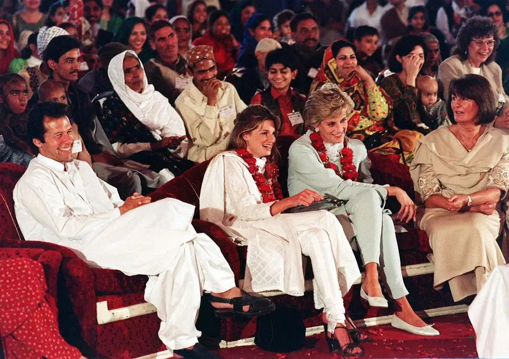 Princess Diana's late good friend Woman Annabel Goldsmith's £5.6million property to be revealed 1 Diana, Princess of Wales, Jemima Goldsmith and Imran Khan sit together at an event, smiling and engaging with the audience.