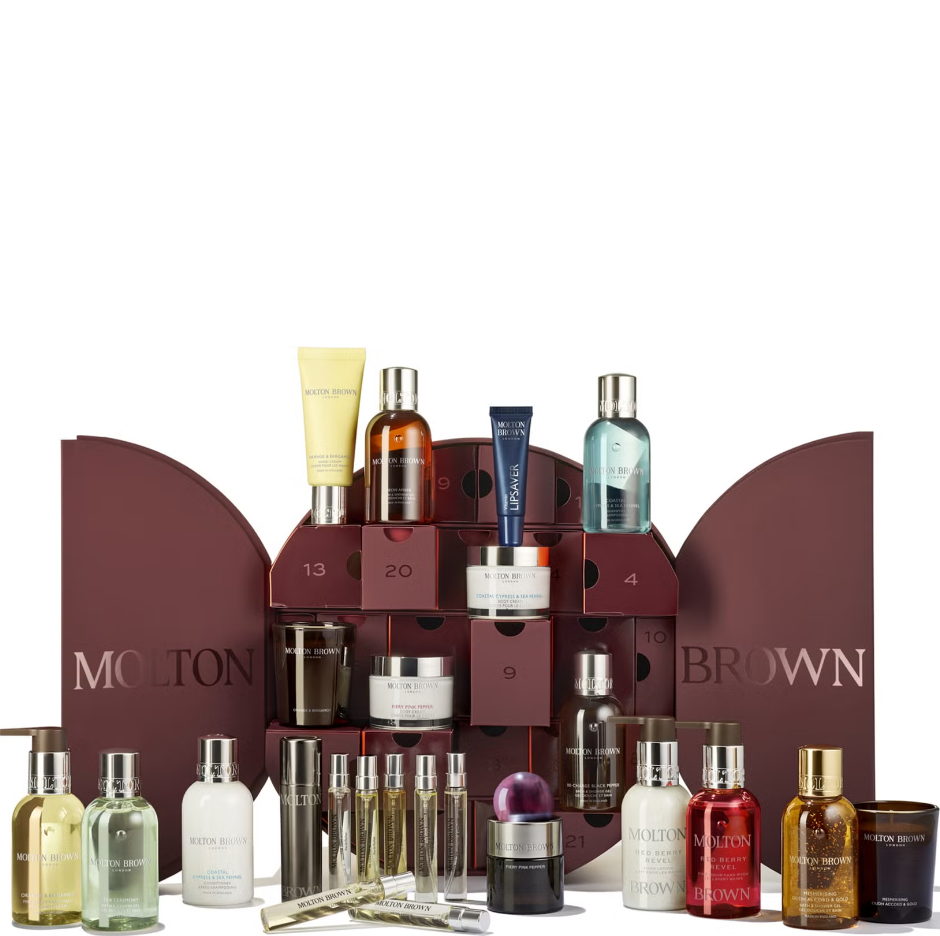 Molton Brown Advent Calendar, a collection of beauty products presented in a decorative box with various bottles and containers.
