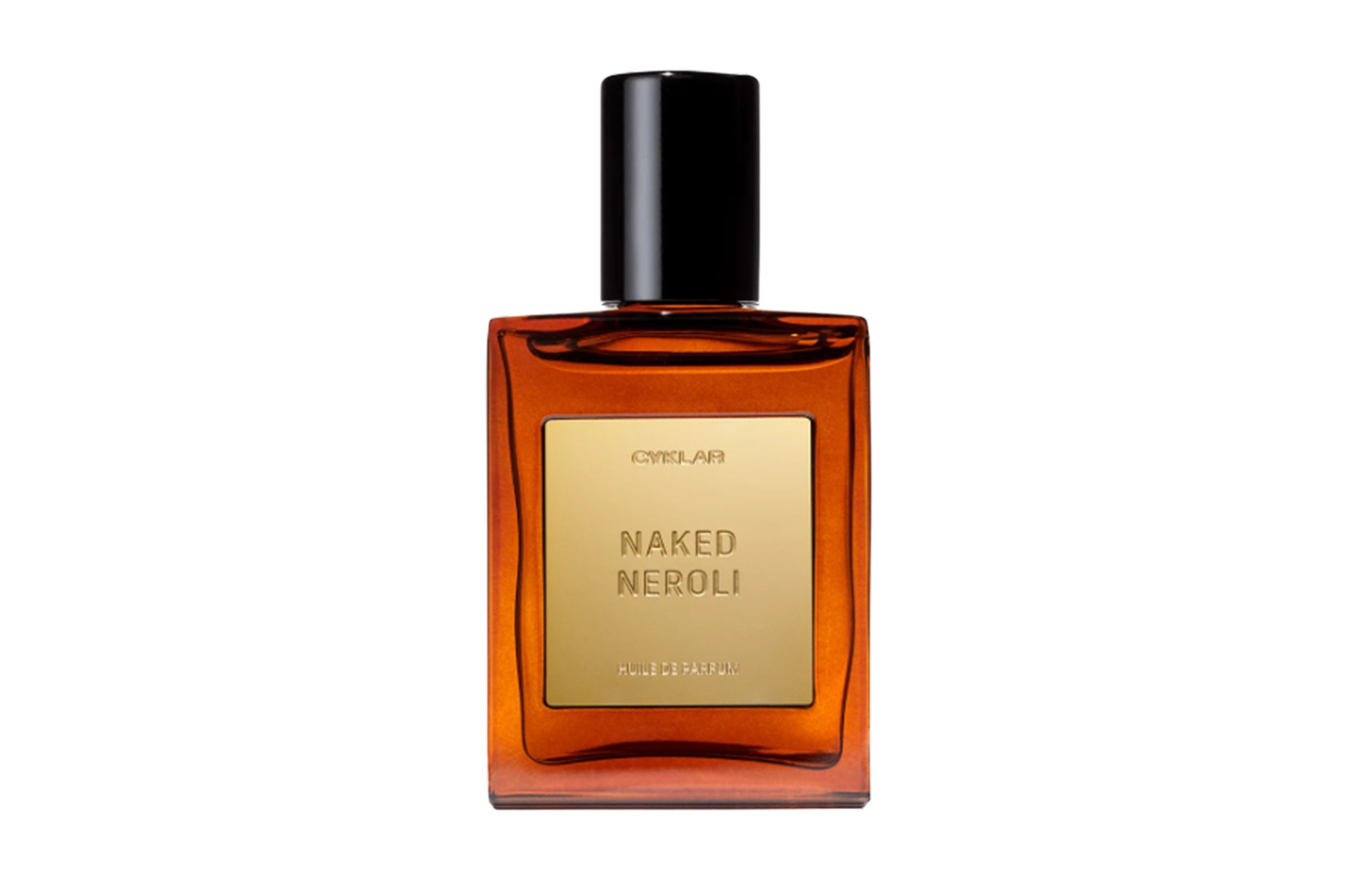 Amber colored bottle of Cyklar Naked Neroli perfume with a black cap and a gold label.