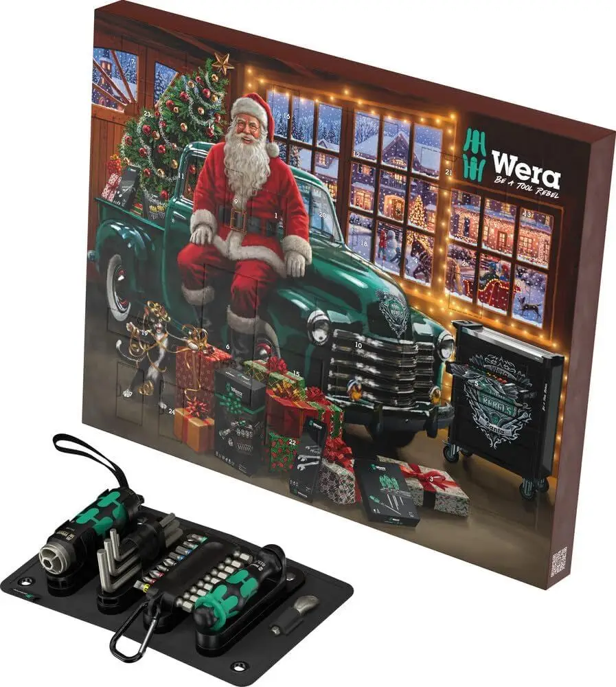 Wera Tool Advent Calendar showing Santa Claus sitting on a vintage green truck with presents, next to a set of tools