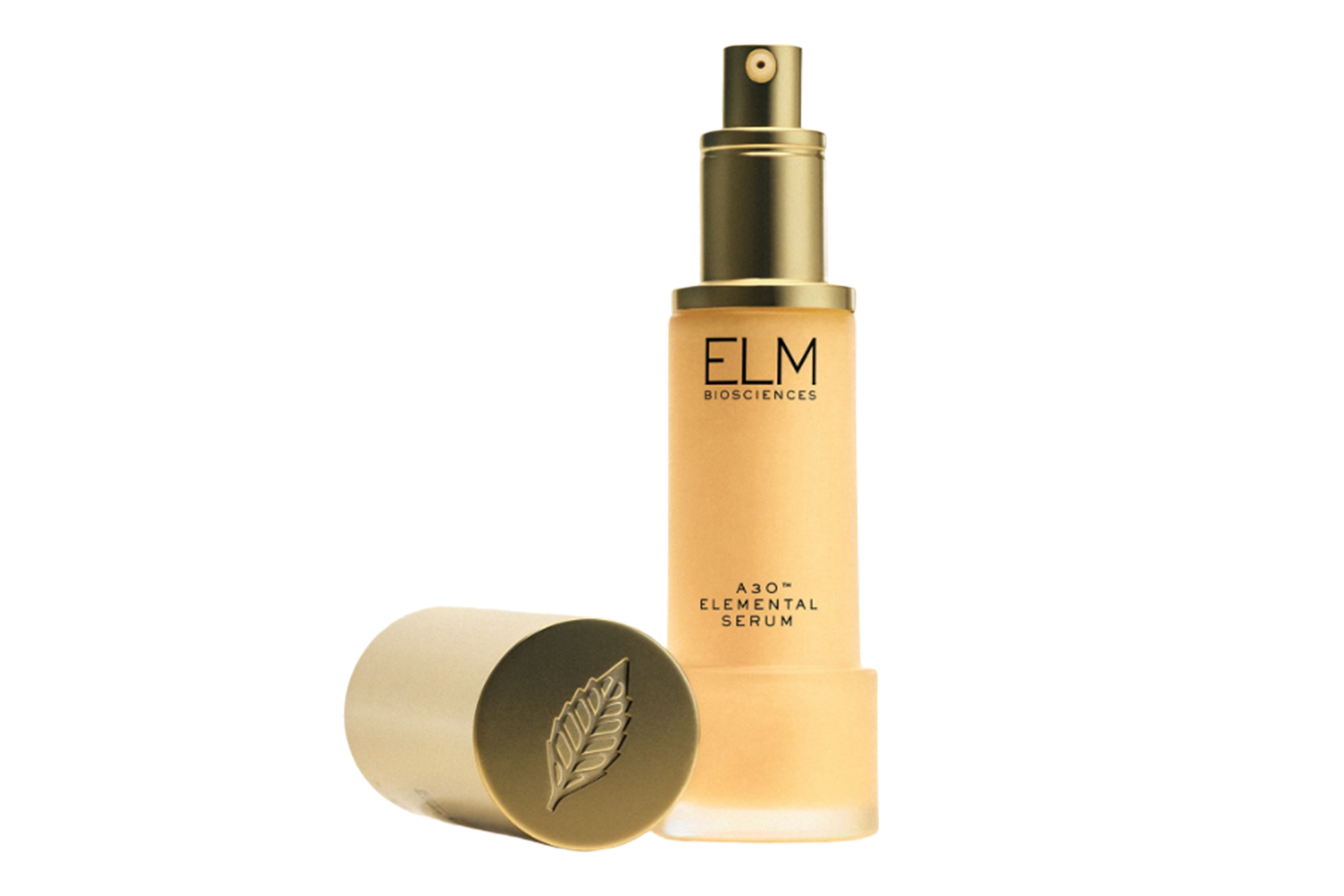 Elm Biosciences A30 Elemental Serum in a pump bottle with a gold cap adorned with a leaf emblem.