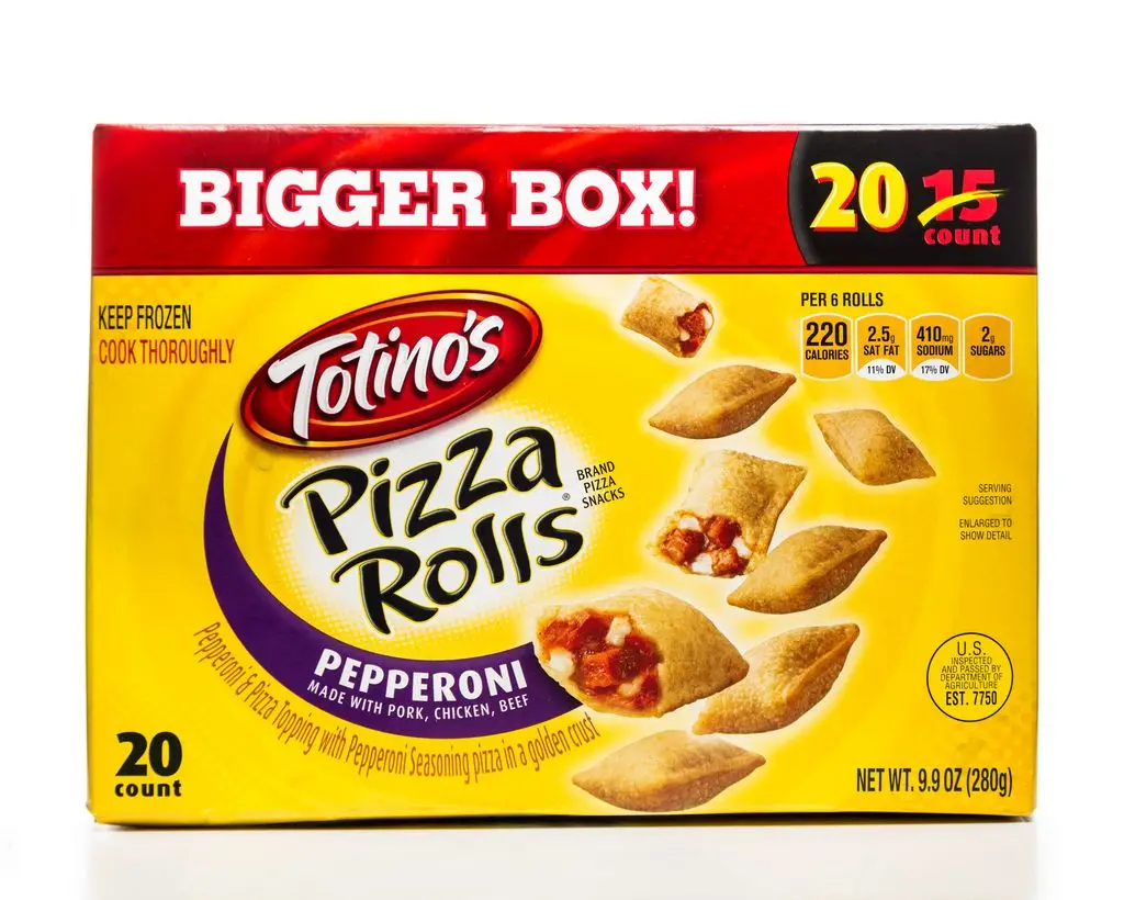 A yellow and red box of Totino's Pepperoni Pizza Rolls, now a larger 20 count box, displayed on a white background.