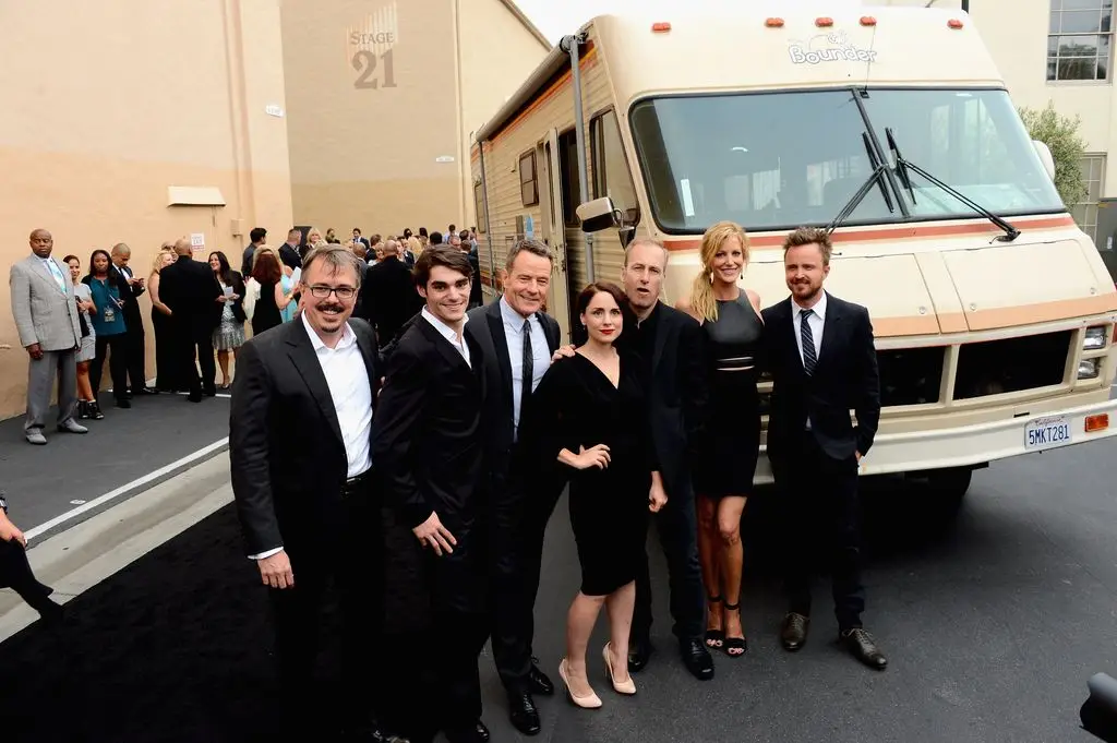     Vince Gilligan, actors RJ Mitte, Bryan Cranston, Laura Fraser, Bob Odenkirk, Anna Gunn and Aaron Paul arrive as AMC celebrates the final episodes of "Break the bad" 