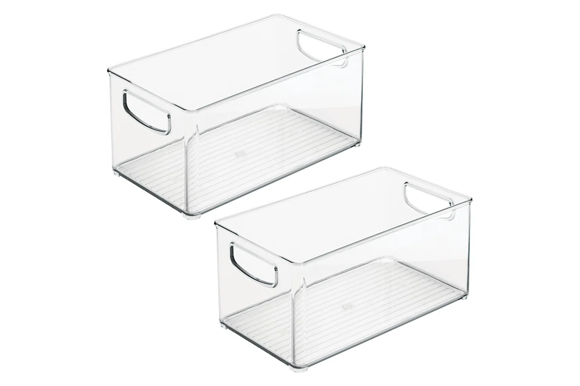 Two iDesign clear plastic storage bins with handles.