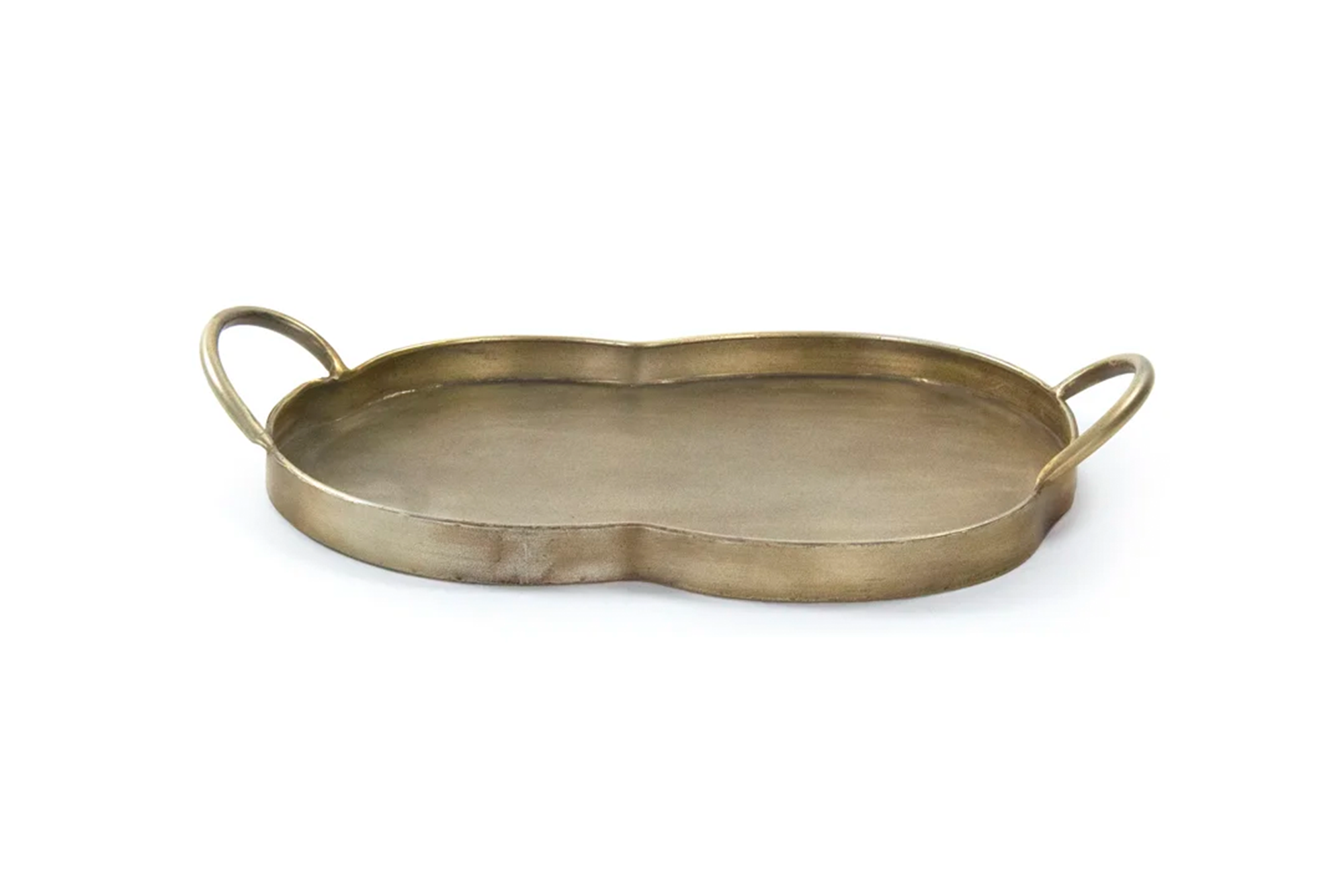An elongated gold metal tray with handles at each end, set against a plain white background.