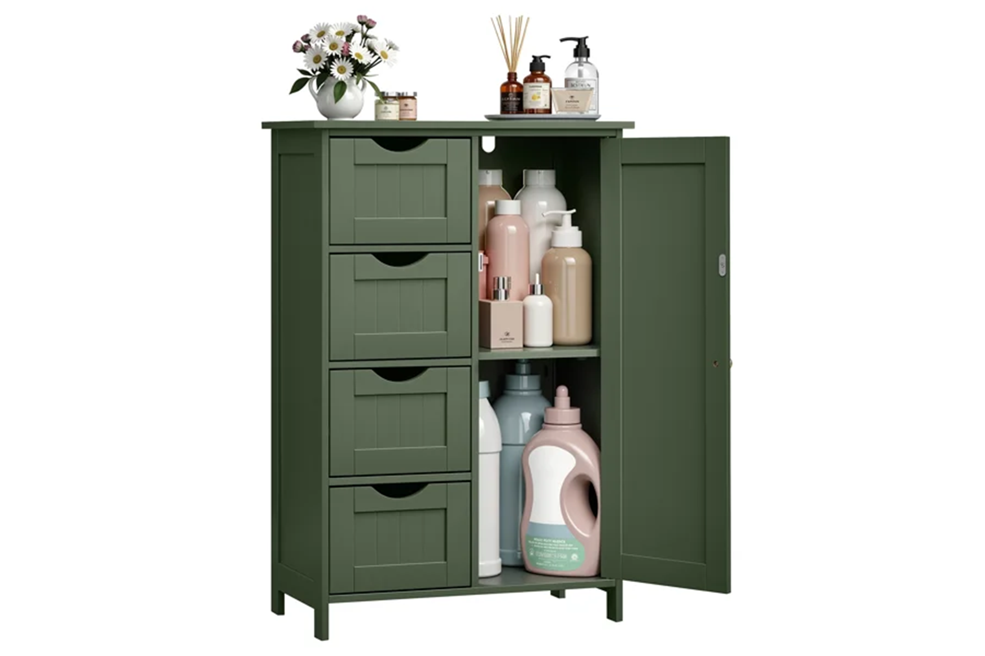 Illustration of a green bathroom storage cabinet with four drawers on the left and a cabinet with shelves on the right, containing various bath and beauty products.
