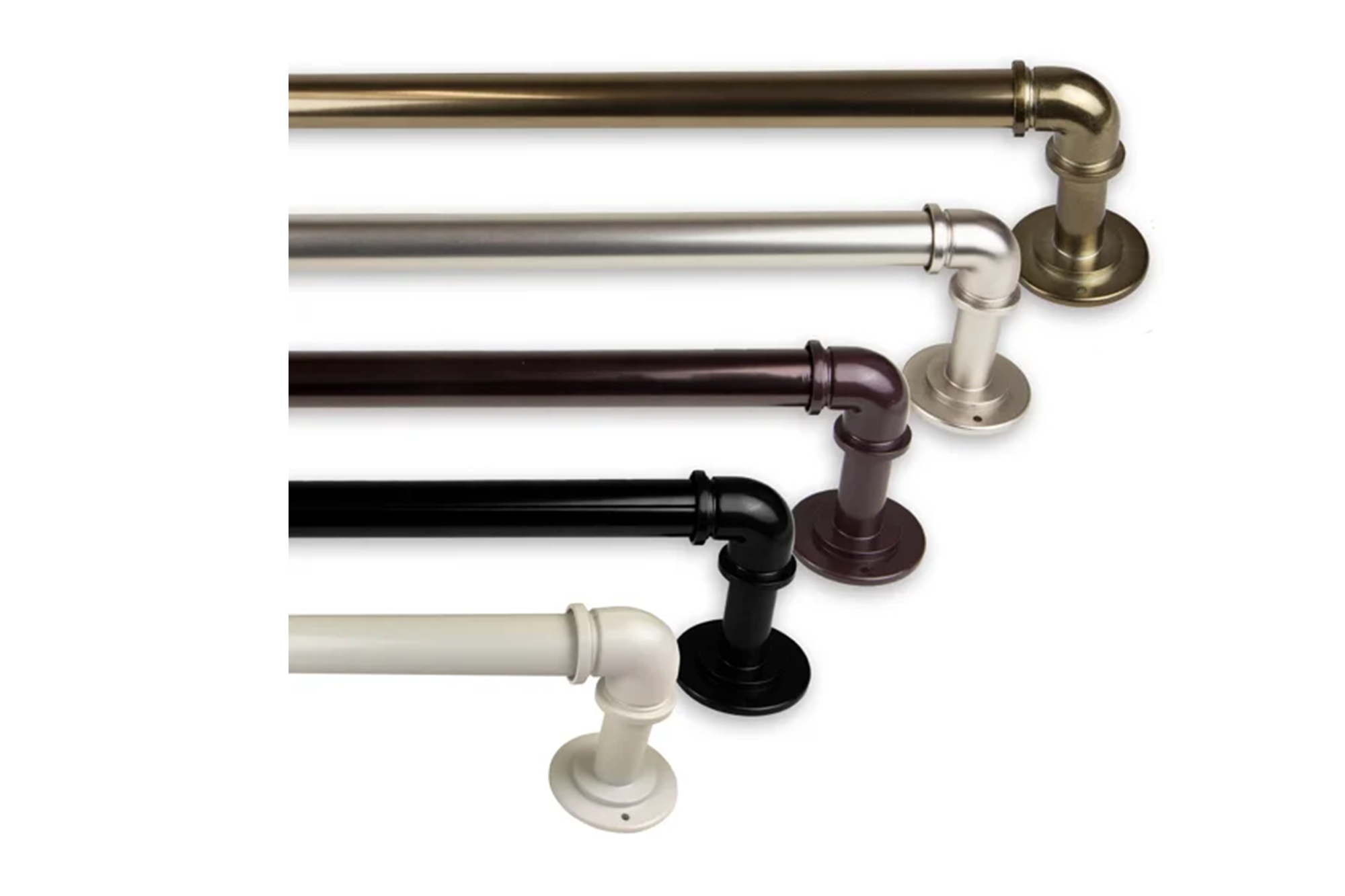 Five industrial pipe style curtain rods in different finishes: brass, silver, dark brown, black and white.