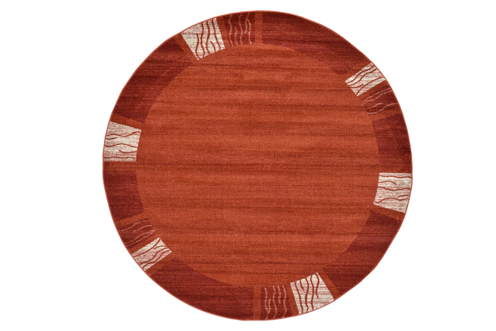 A round, rust-colored rug with a decorative border featuring alternating square panels with wavy white patterns.