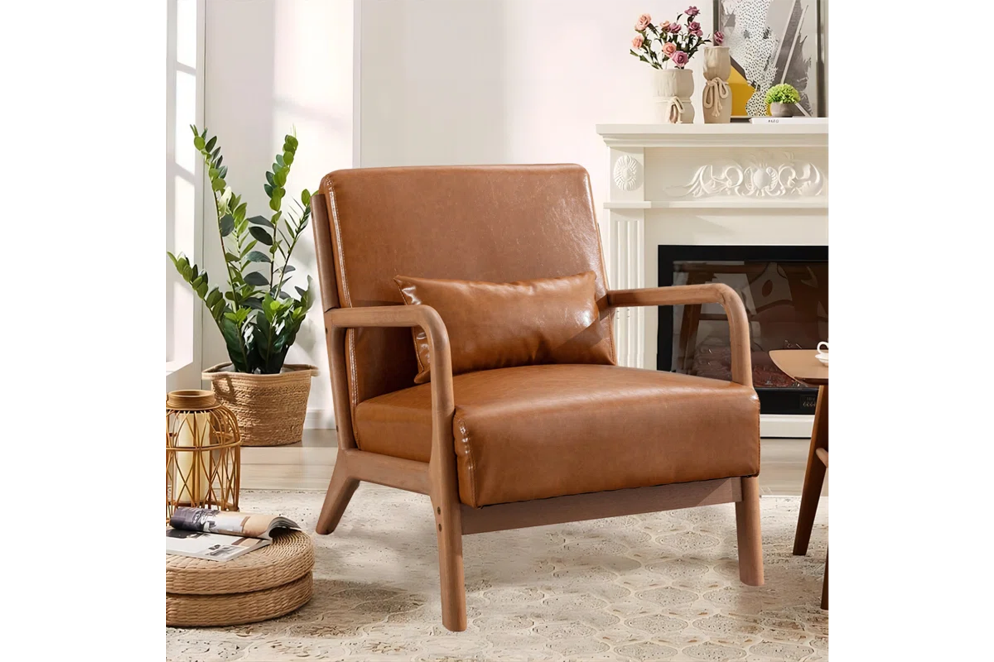 Brown leather armchair with a matching cushion in a living room.