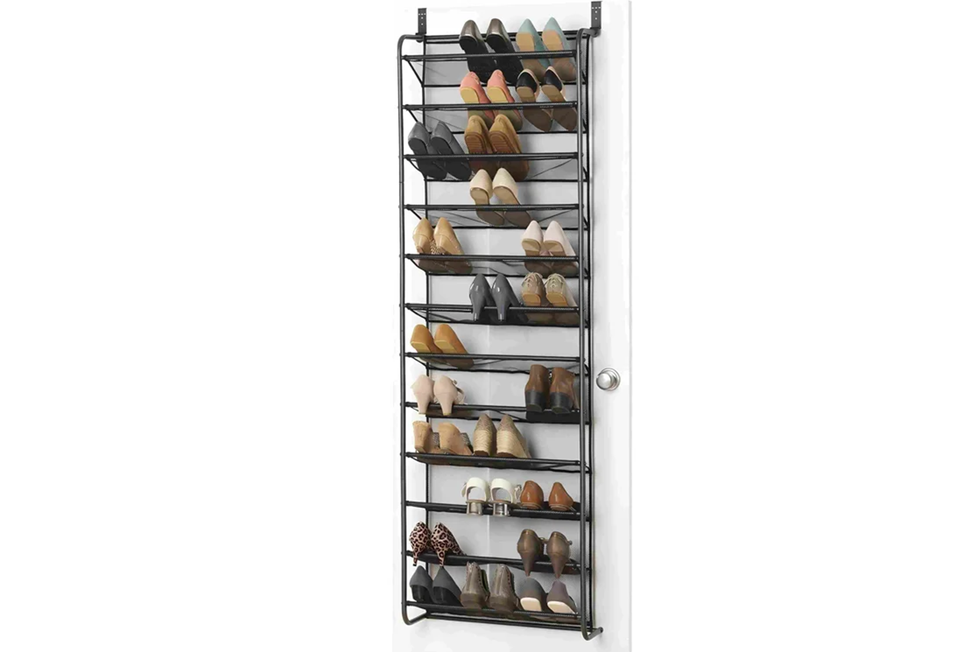 Over the door shoe rack can hold several pairs of women's shoes.
